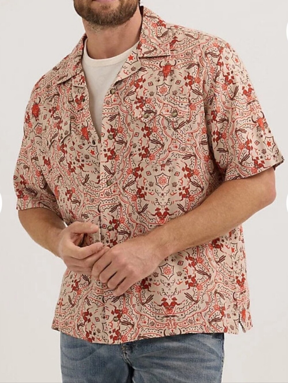 Wrangler Wild West Cowboy Print Pearl Snap Camp Shirt Tan NWT  XXL